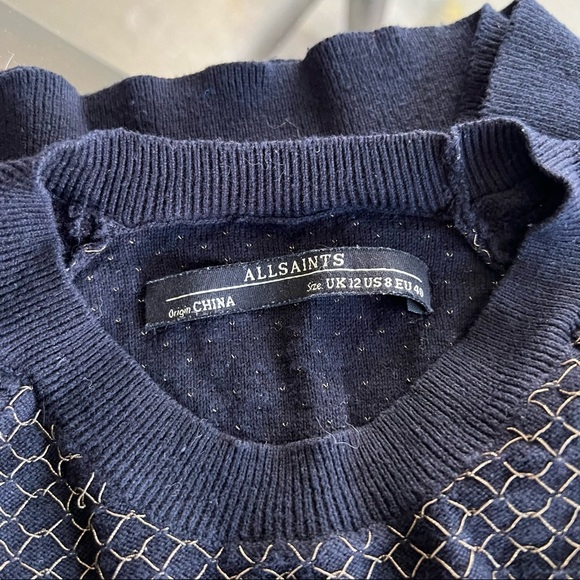 All Saint Navy Crew Neck Sweater with Gold Cross Stitching - Picture 7 of 7